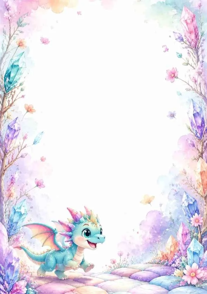 Baby dragon on a crystal path with flowers and a blank center.