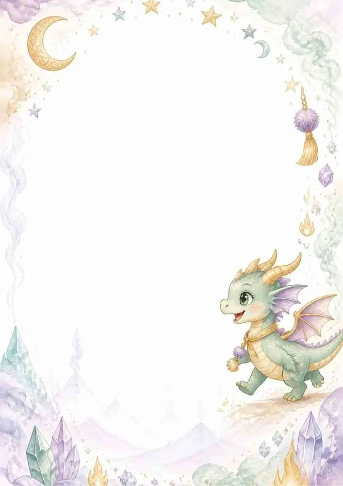 Baby dragon with moon, stars, crystals, and a large blank center.