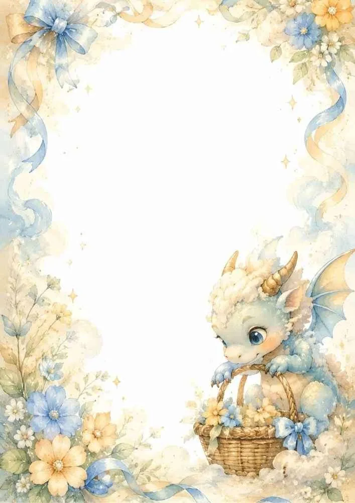 Baby dragon with a flower basket, ribbons, blossoms, and a blank center.
