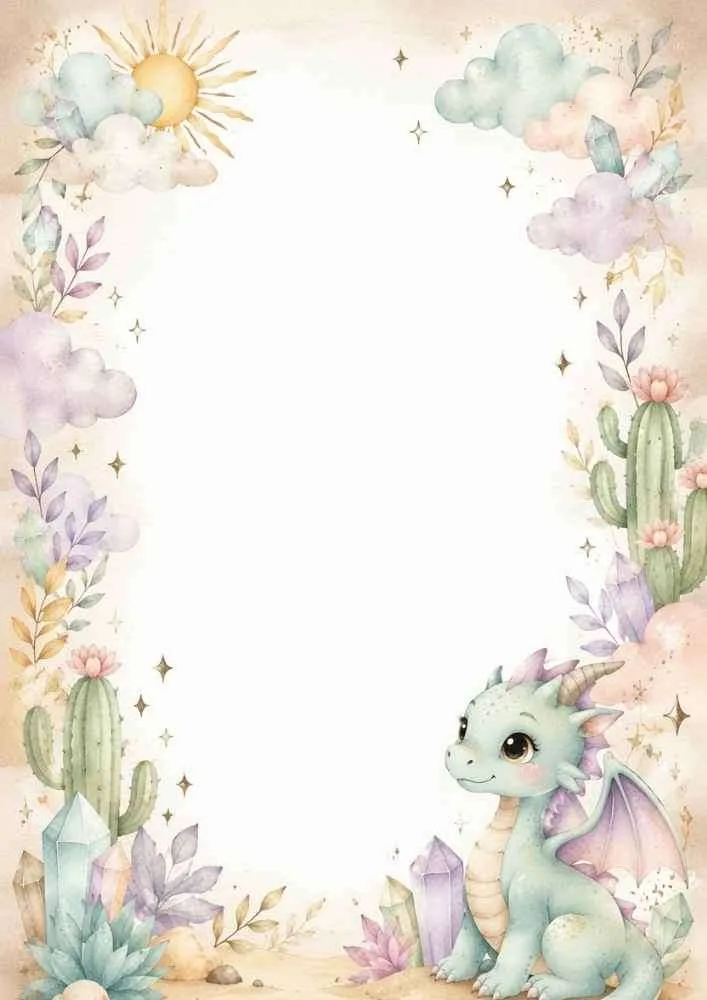Baby dragon with cacti, clouds, crystals, and a blank center.
