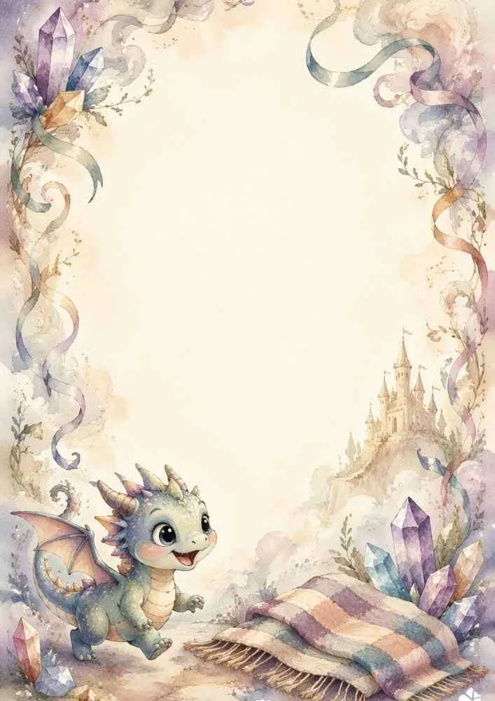 Baby dragon, castle, crystals, ribbons, and a large blank center.