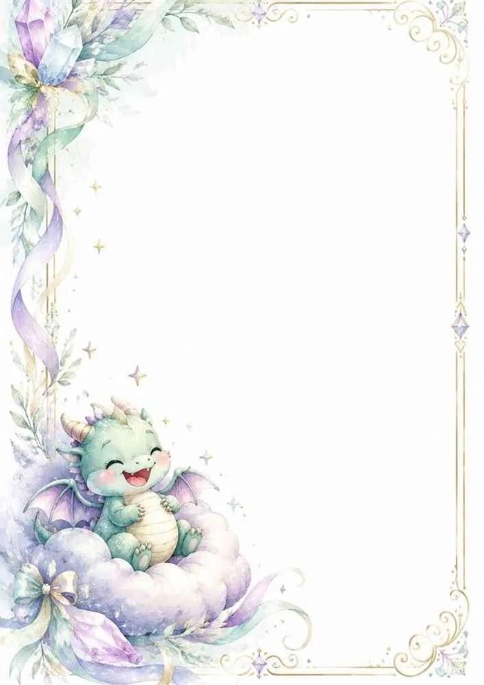 Baby dragon on a cloud with crystals, ribbons, and a blank center.