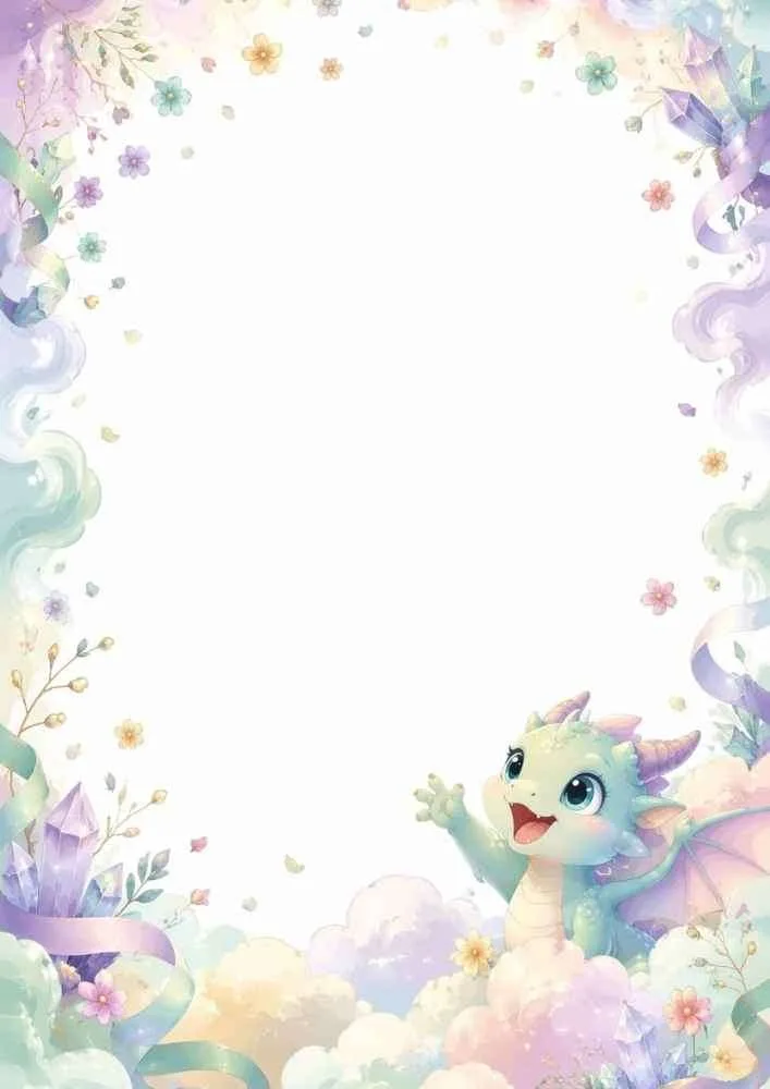 Baby dragon waving with flowers, crystals, and a large blank center.