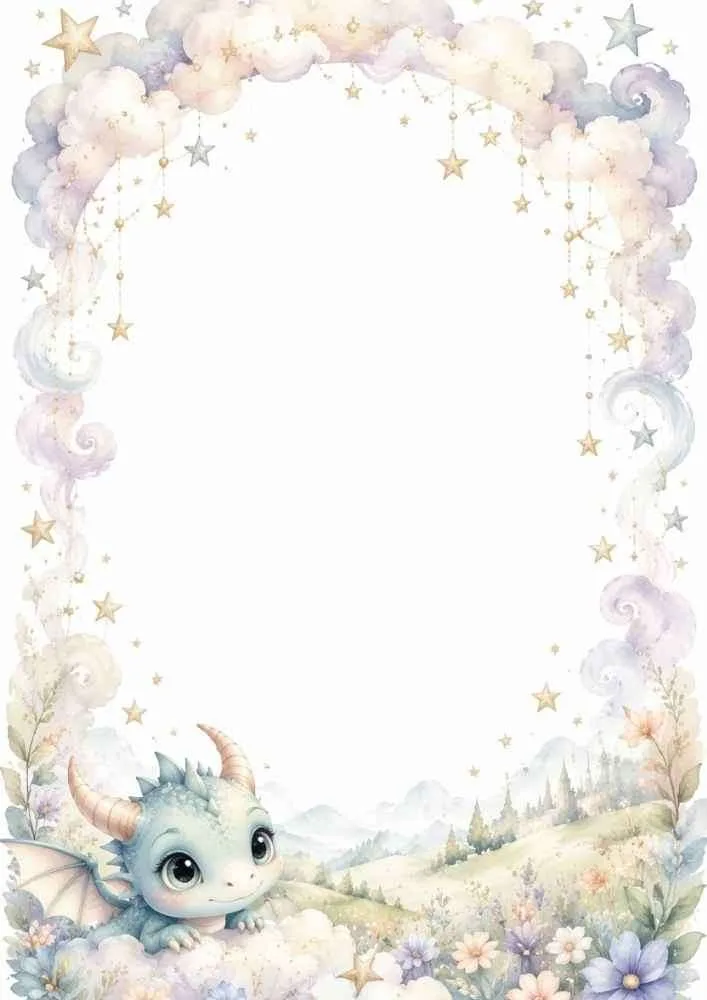 Baby dragon with clouds, stars, hills, and a blank center.