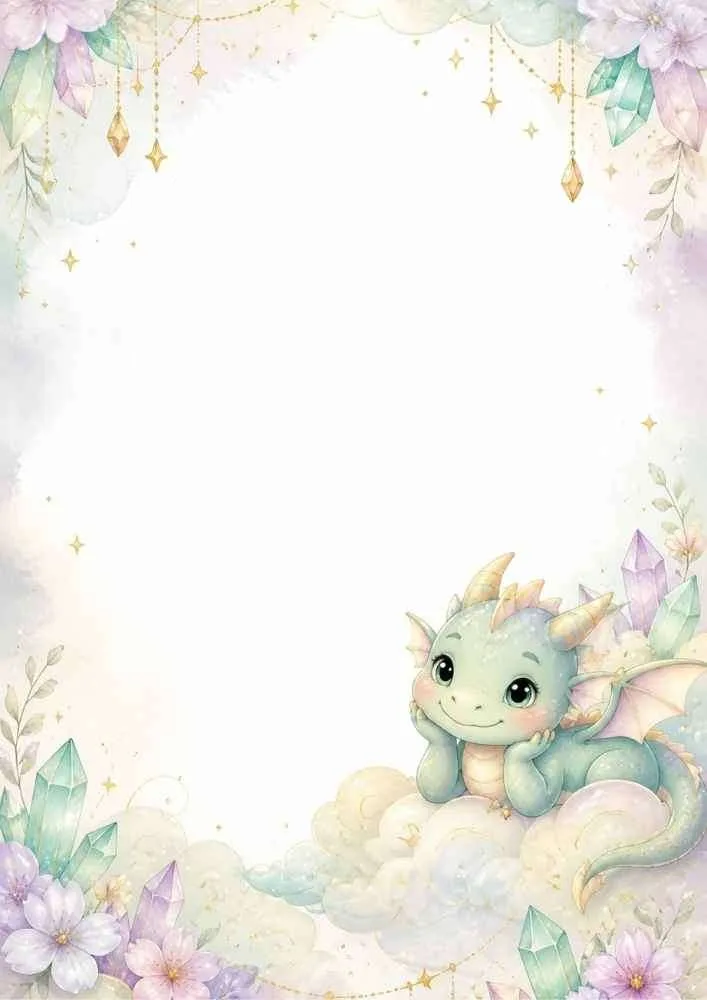 Baby dragon on clouds with crystals, flowers, and a blank center.
