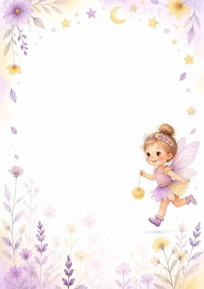Fairy girl holding a fluffy flower with pastel flowers, stars, and a decorative floral border.