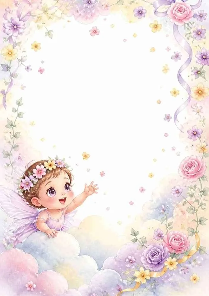 Fairy reaching from a cloud with flowers and ribbon decorations.