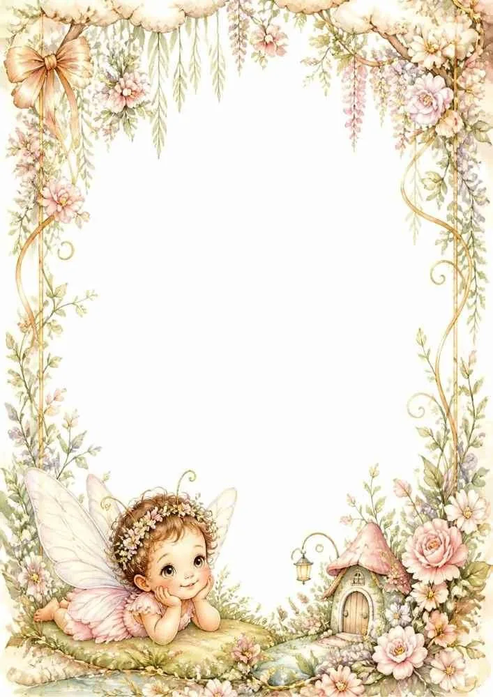 Fairy beside a small cottage with flowers and leafy borders.