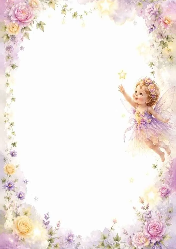 Flying fairy reaching for a star inside a floral border.
