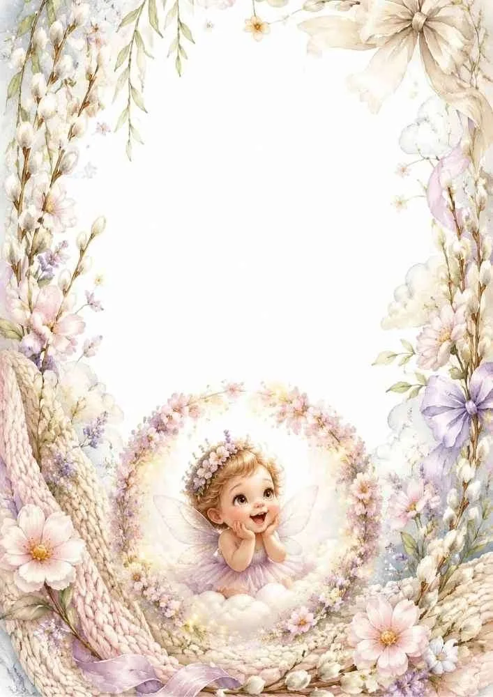 Fairy inside a flower wreath with pastel flowers and cotton branches.