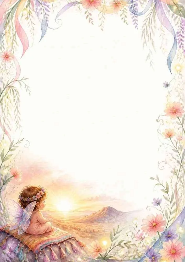 Fairy watching a sunrise with flowers and ribbon decorations.