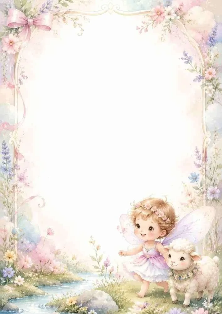 Fairy walking with a lamb beside flowers and a small stream.