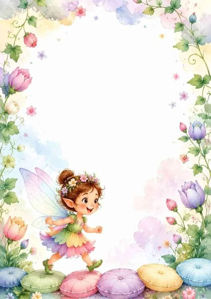 Fairy walking on colorful cushions with flowers around the border.