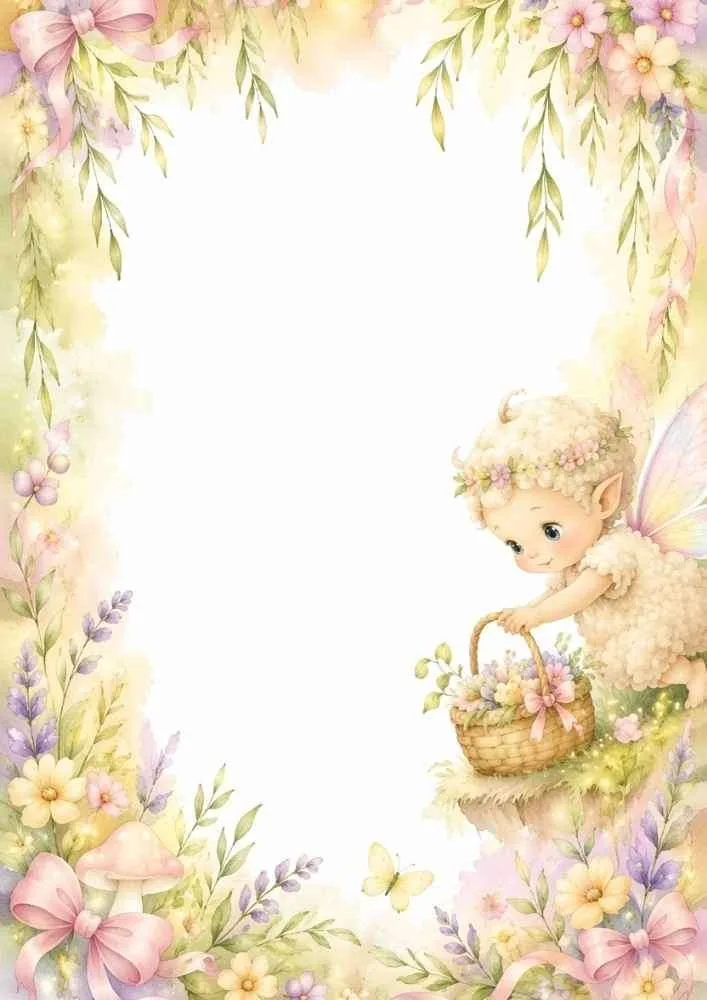 Fairy holding a flower basket with mushrooms, flowers, and butterflies.