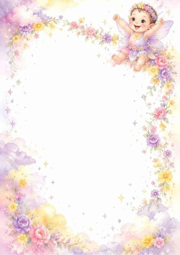 Happy fairy with flowers and clouds inside a pastel floral border.