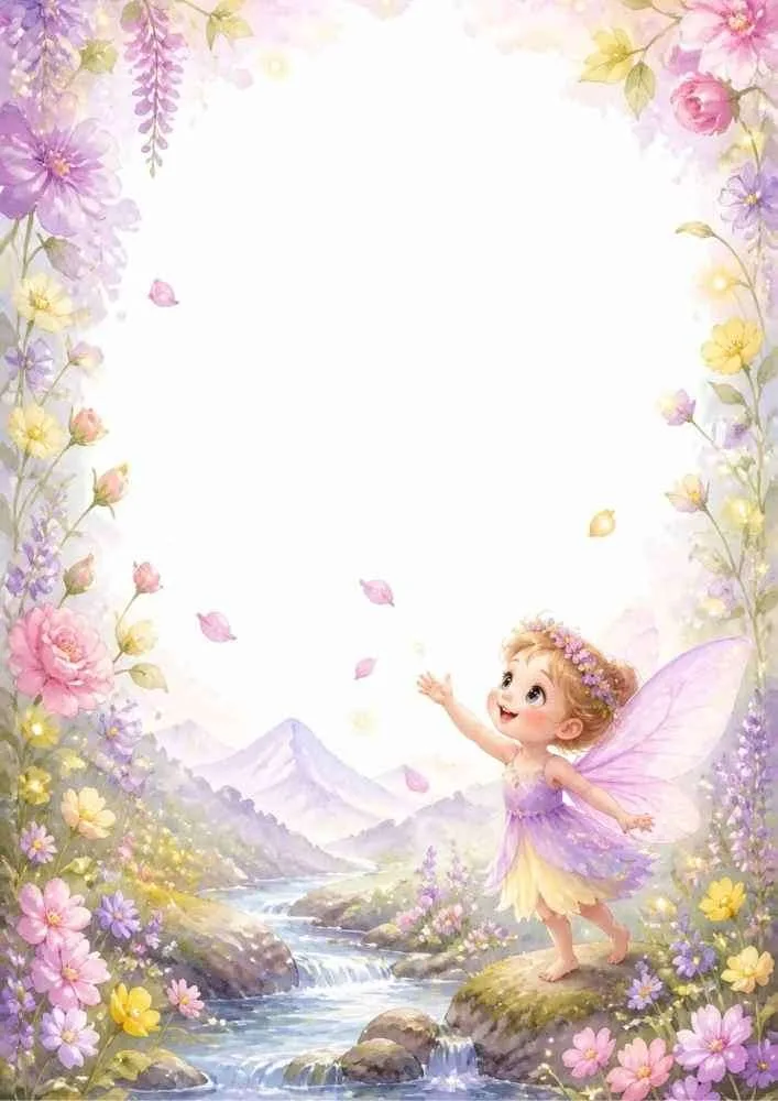 Fairy beside a waterfall with flowers, mountains, and a floral border.
