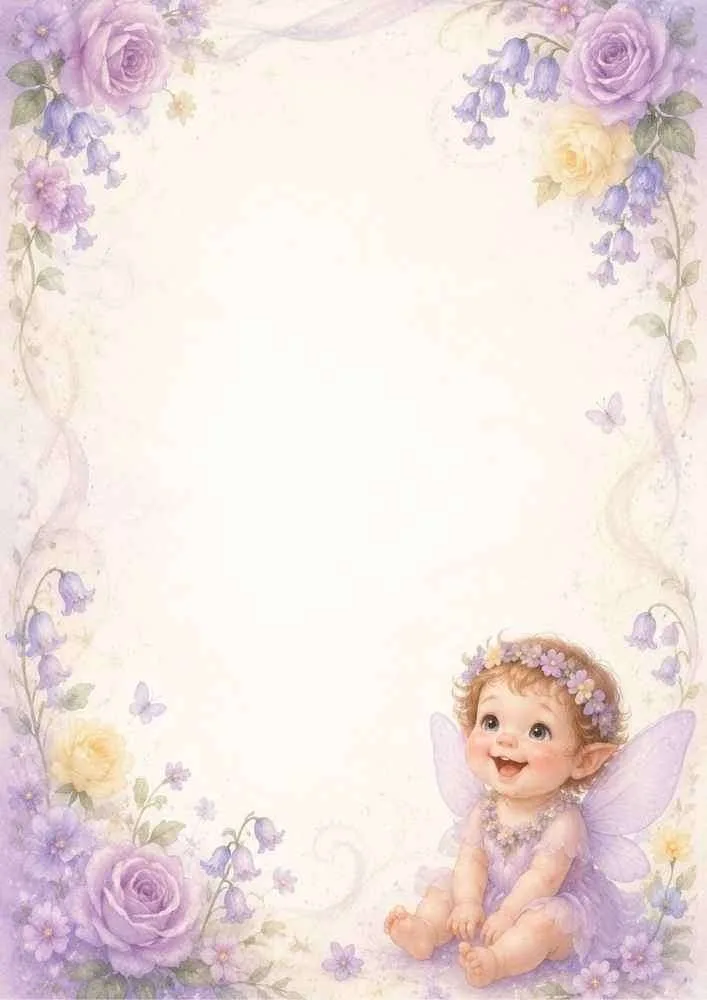 Baby fairy sitting with roses and flowers around a soft pastel border.
