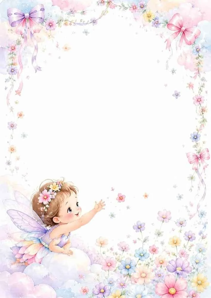 Fairy on a cloud reaching toward flowers inside a pastel floral border.