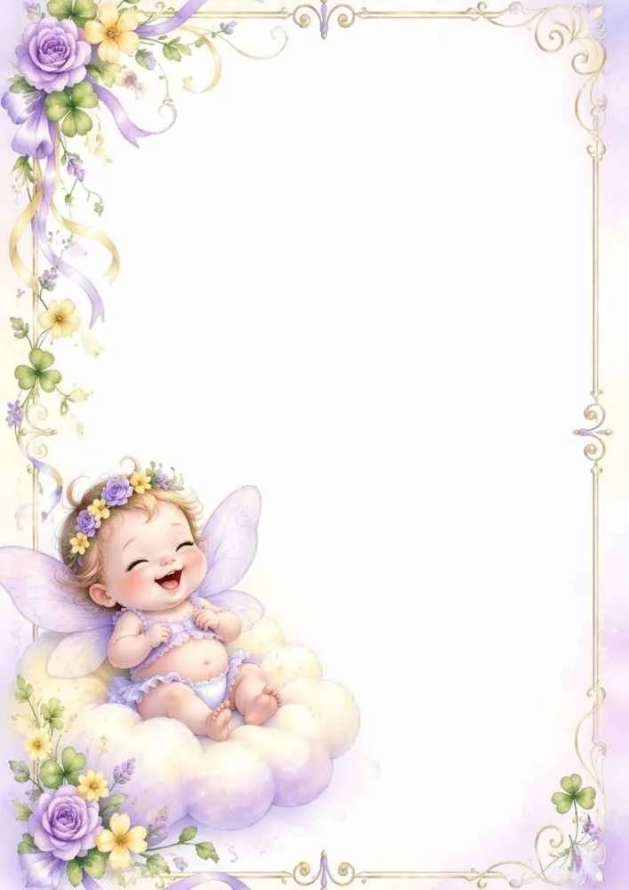 Baby fairy on a cloud inside a floral frame with ribbons and flowers.