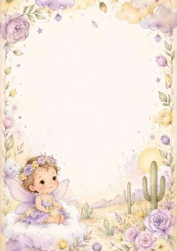 Fairy on a cloud with flowers, cacti, and a pastel floral border.
