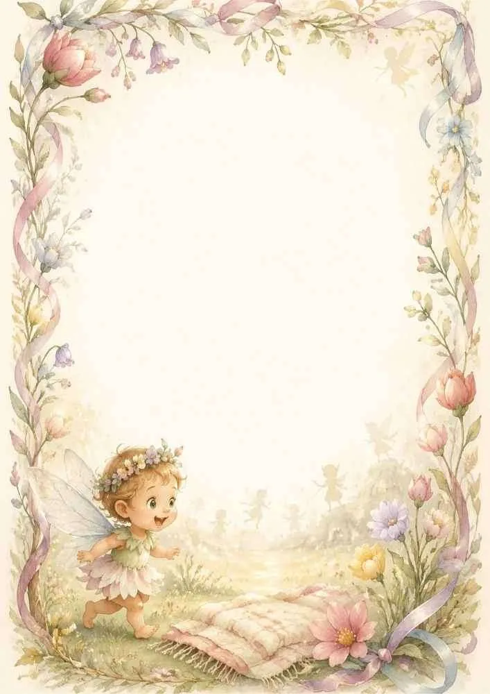 Walking fairy with flowers, ribbons, and a forest garden border.