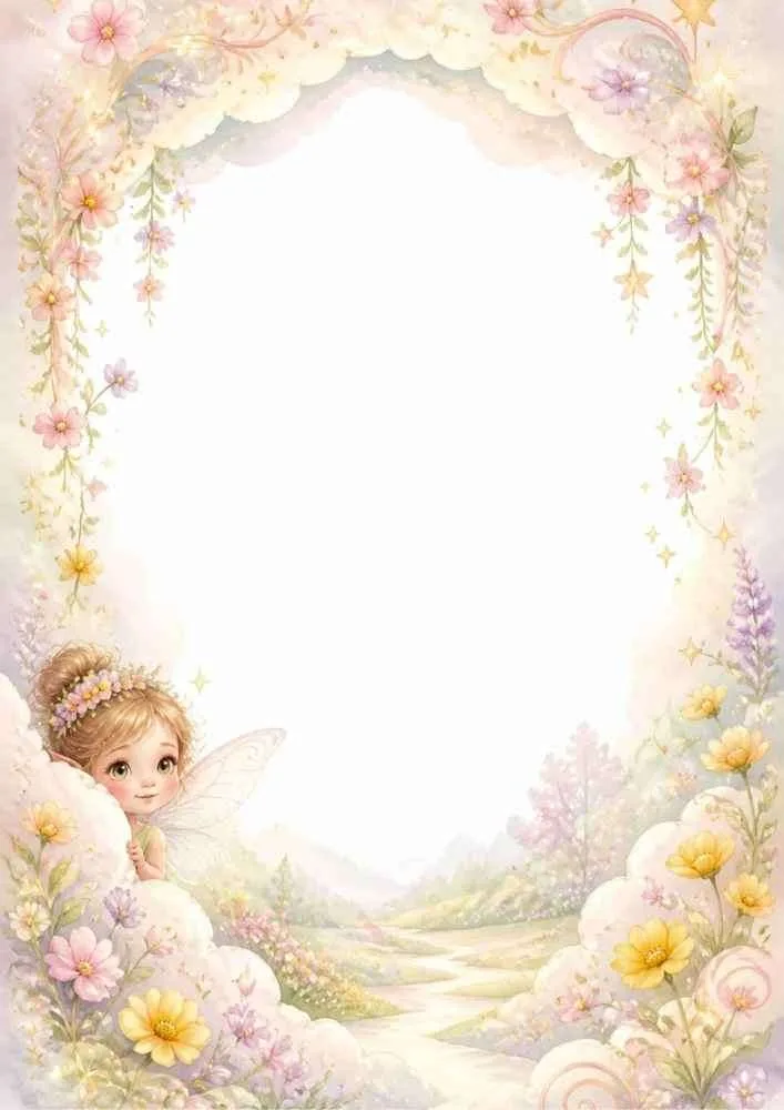 Fairy peeking from clouds with flowers and a garden path border.