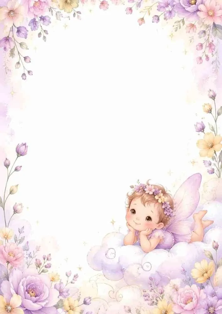 Fairy lying on a cloud with flowers and a pastel floral border.