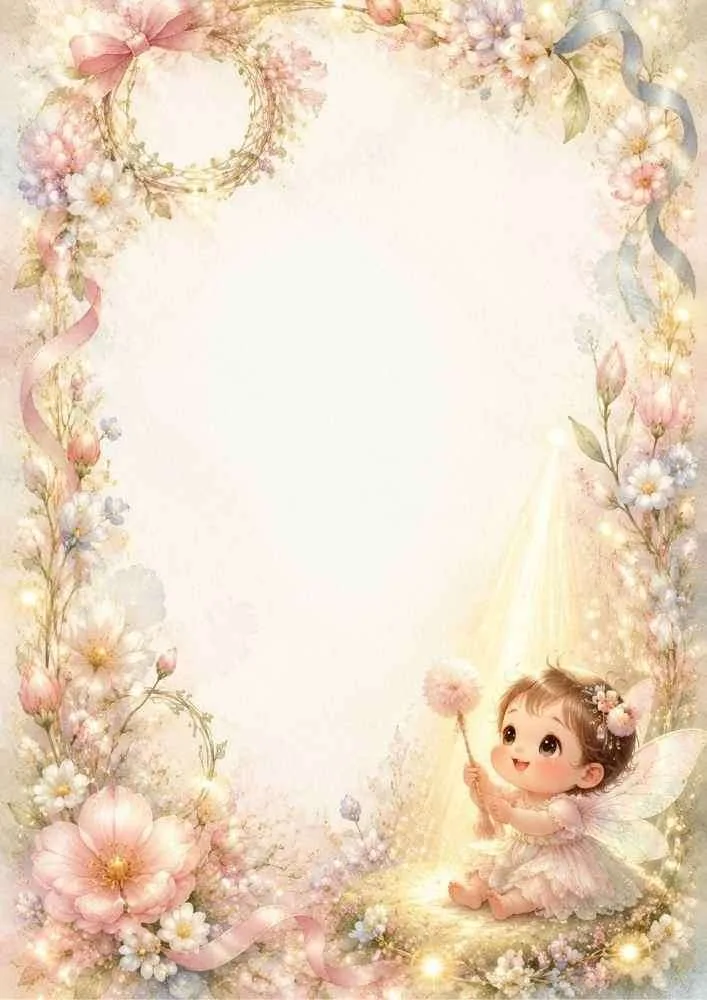 Baby fairy holding a wand with flowers and glowing floral decorations.