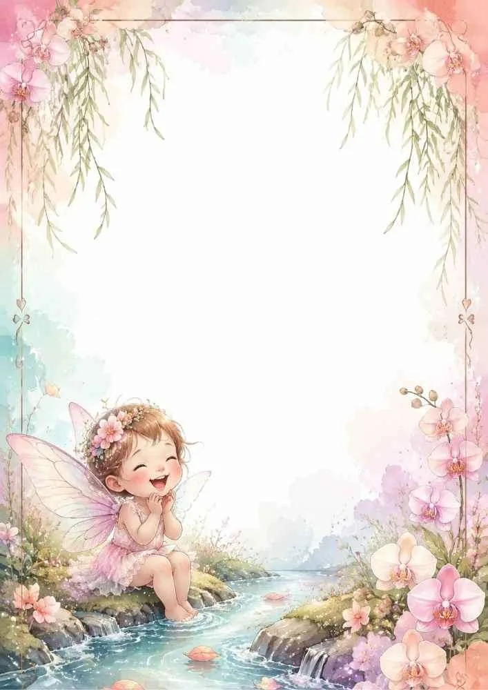 Fairy beside a stream with orchids and a floral border.