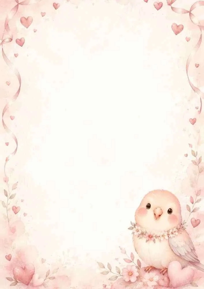 Bird beside a pink heart with floral borders, ribbons, and small hearts around a blank center.