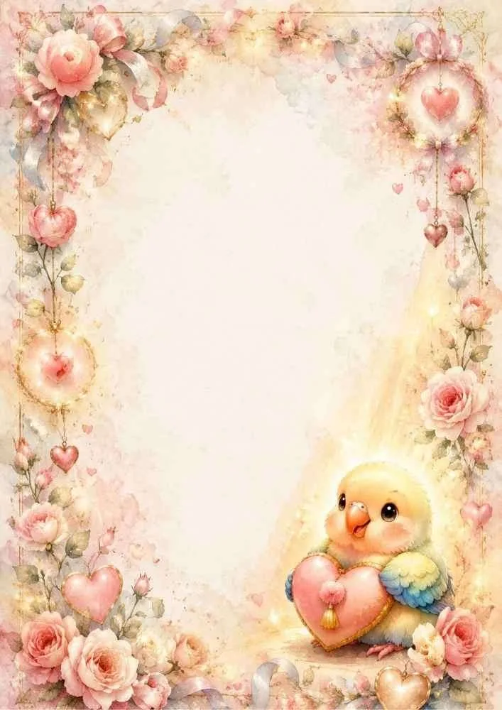 Bird holding a heart with roses, hanging hearts, and a blank center.