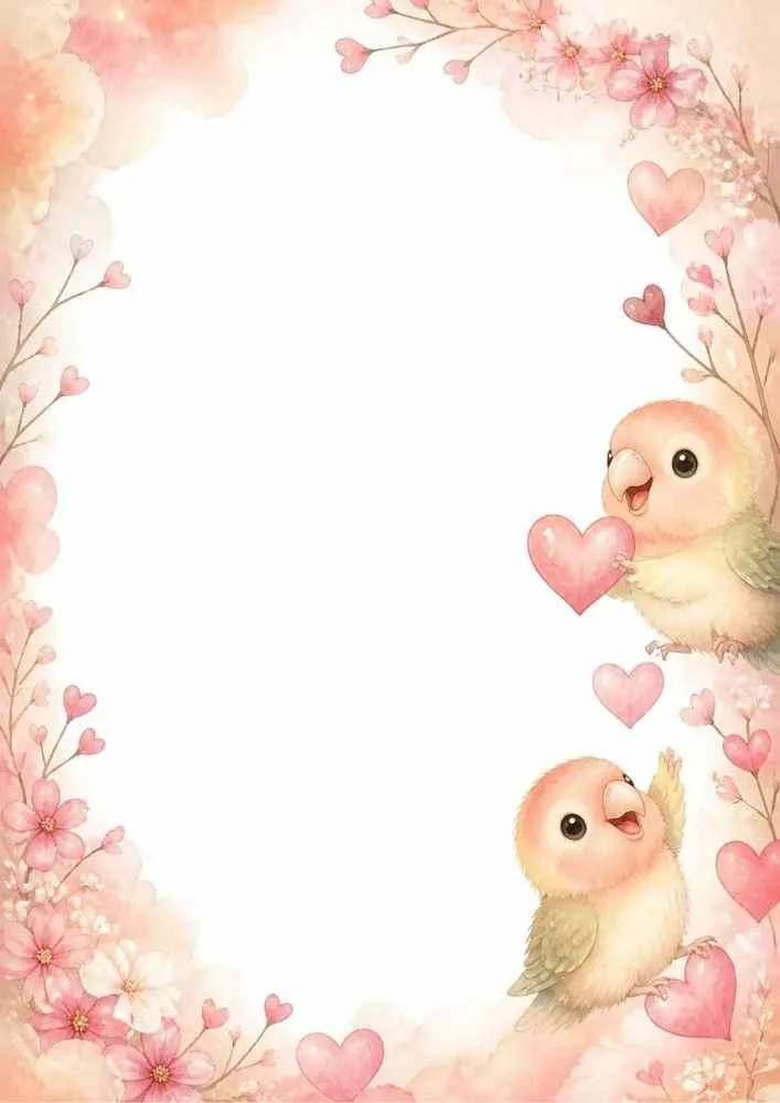 Two birds with hearts, flowers, and a blank writing center.