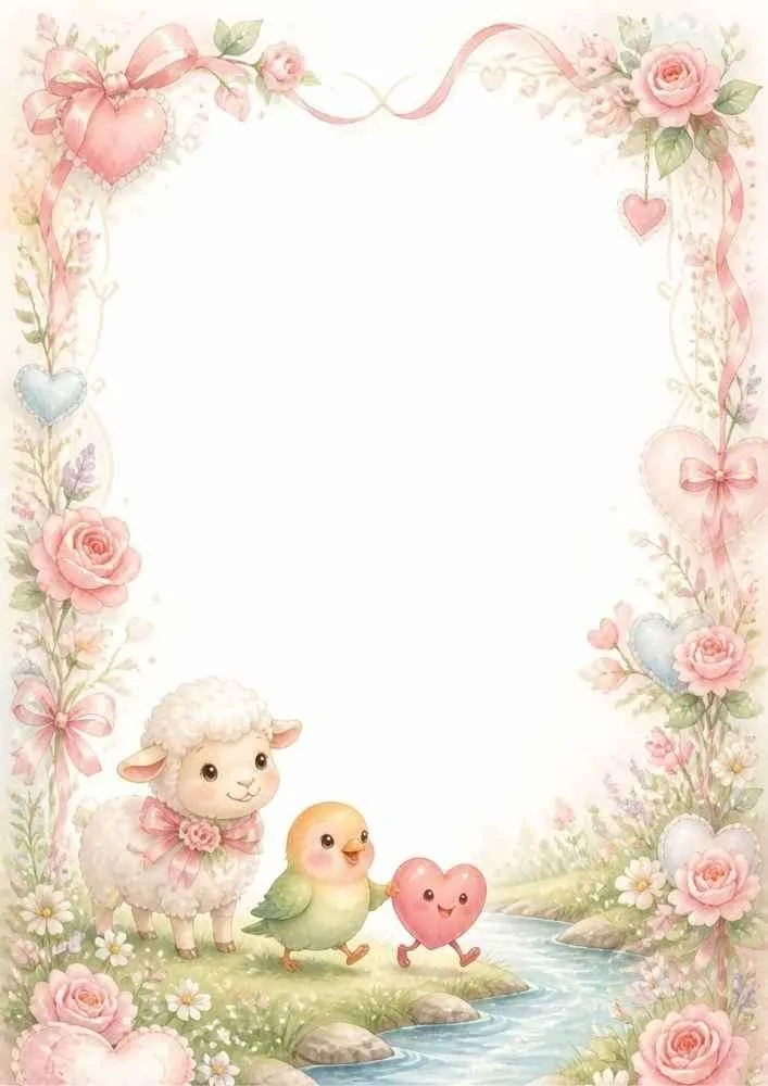 Lamb, bird, smiling heart, flowers, and a blank center.