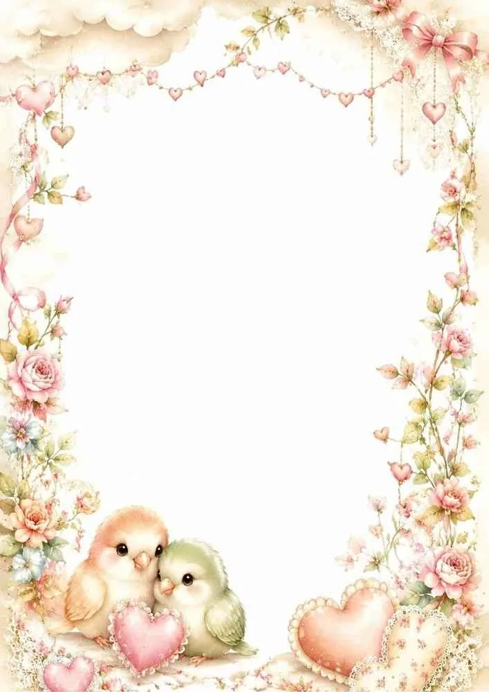 Bird holding a heart in a flower nest with clouds and a blank center.
