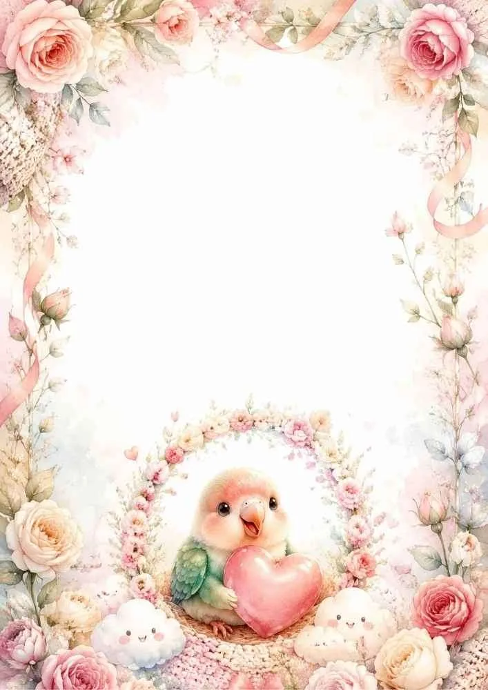 Bird holding a heart at sunset with flowers and a blank center.
