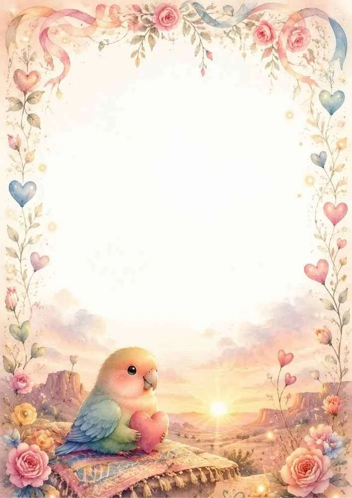 Bird offering a heart with flowers, ribbons, and a blank center.