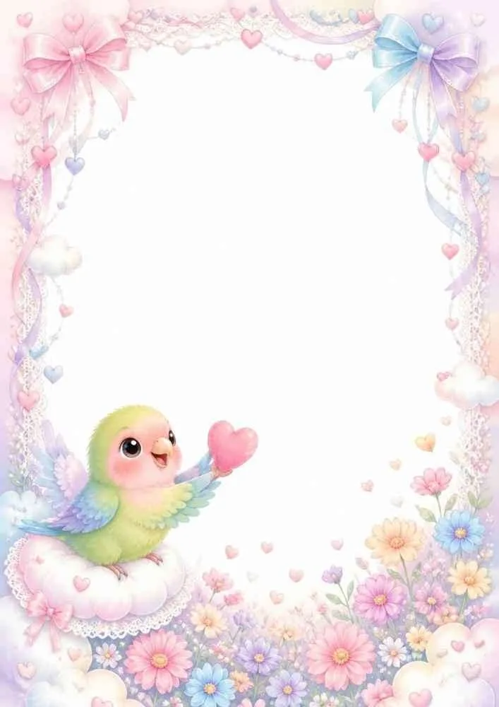 Bird in a basket holding a heart with flowers and a blank center.