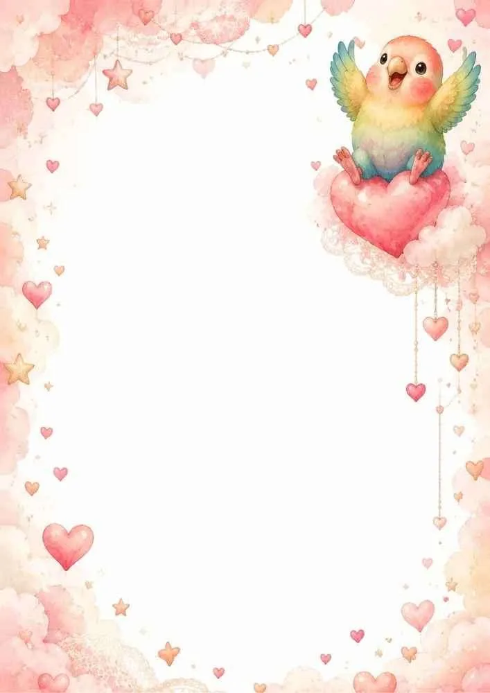 Birds with blossoms, heart, mountains, and a blank center.