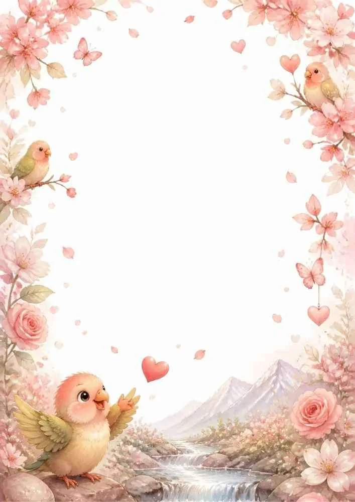 Colorful bird and smiling heart with flowers and a blank center.