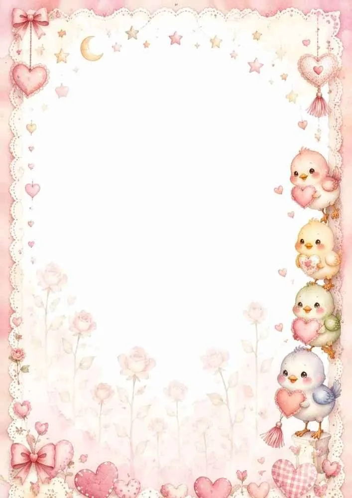 Four birds holding hearts with lace, flowers, bows, and a blank center.
