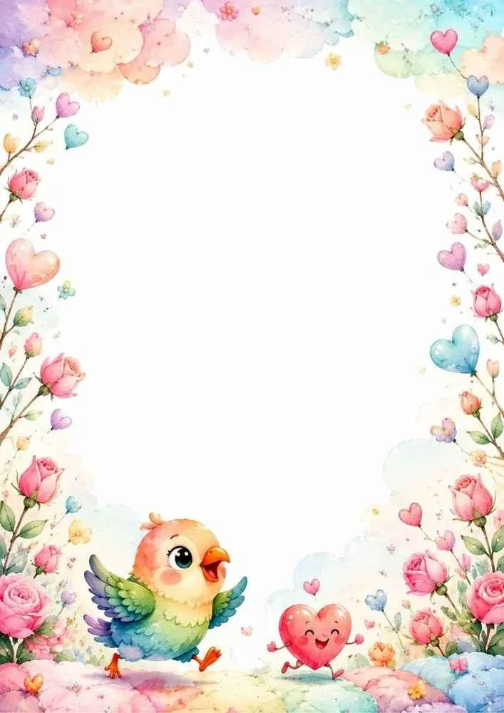 Bird hugging a heart with flowers, ribbons, and a blank center.