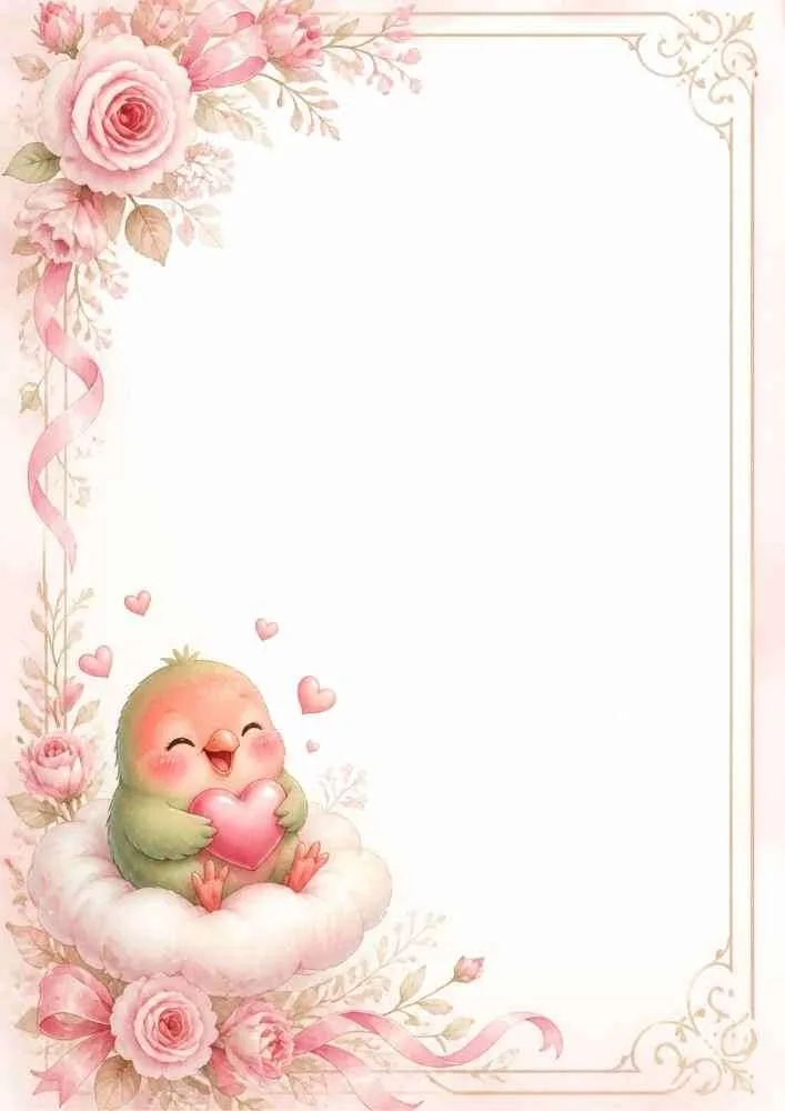 Bird holding a heart on a nest with roses, ribbons, and a blank center.
