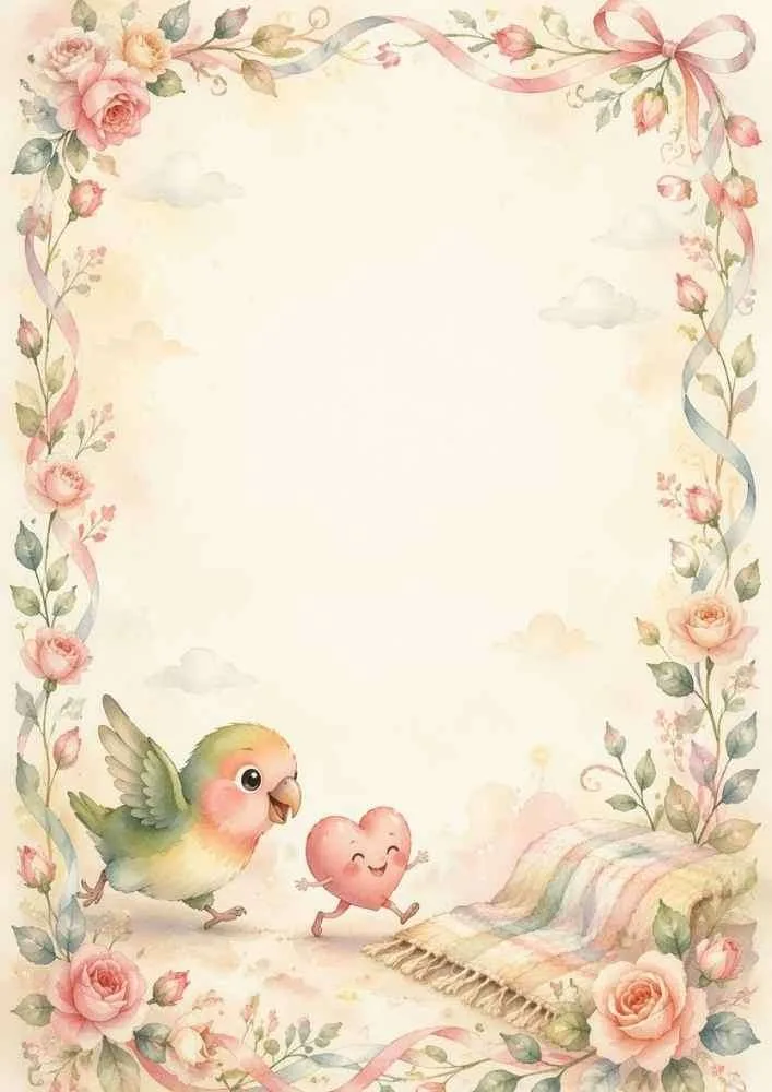 Bird following a smiling heart with flowers and a blank center.