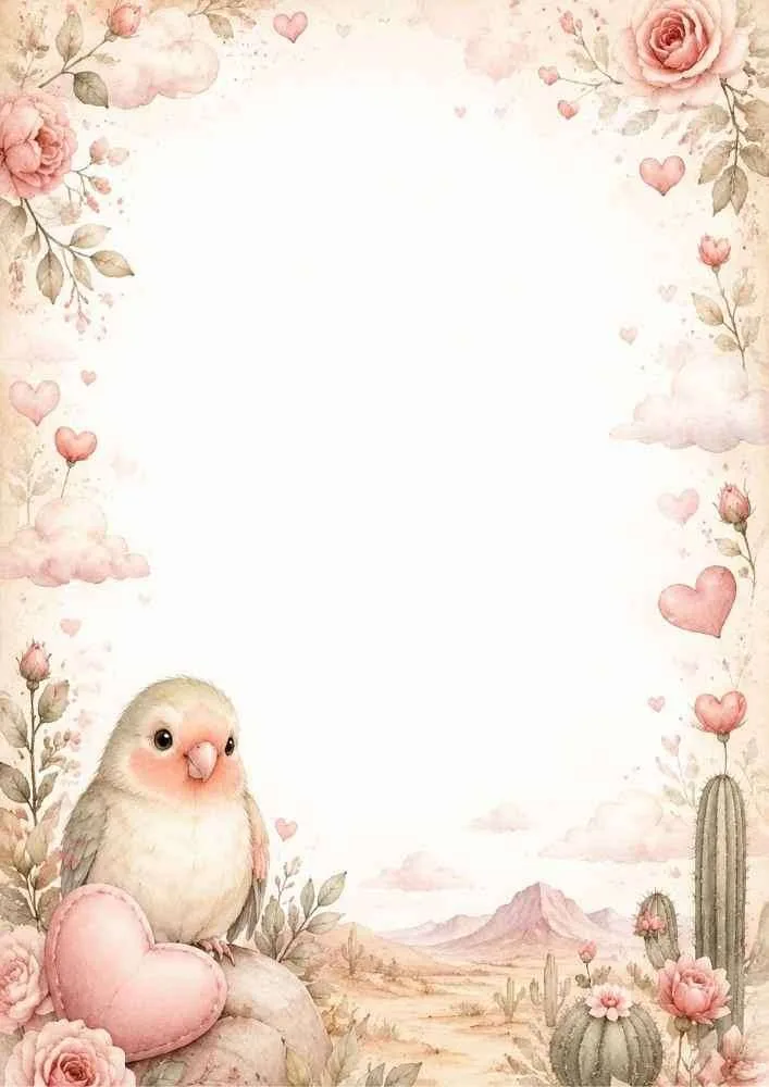 Bird beside a heart with flowers, cacti, and a blank center.