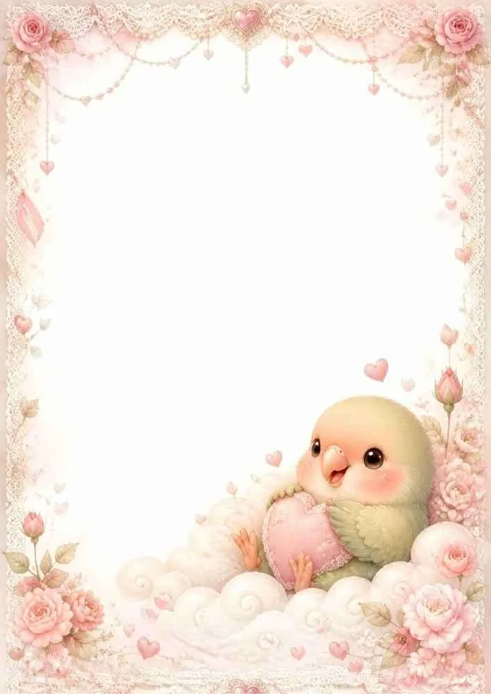 Bird hugging a heart on clouds with lace flowers and a blank center.