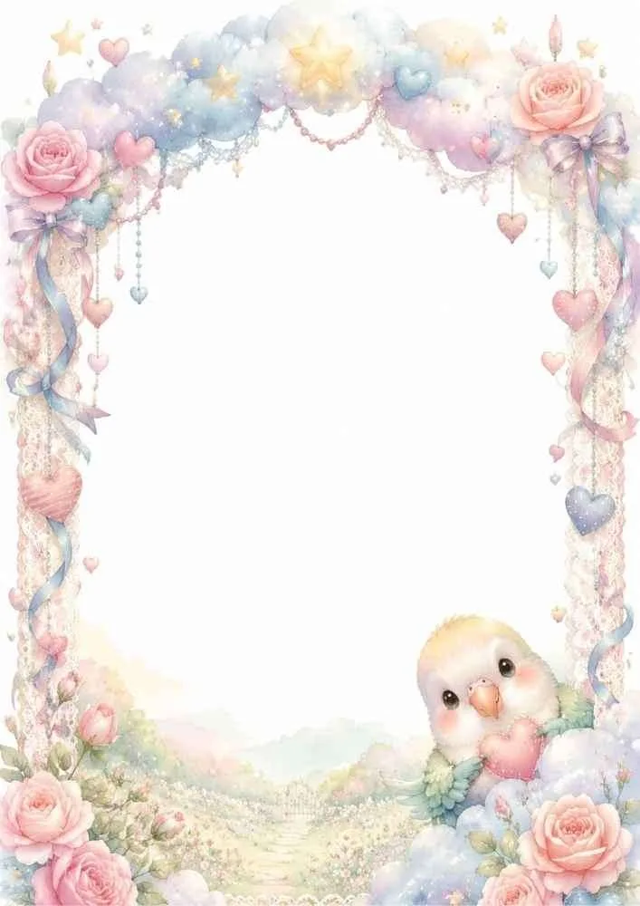 Bird holding a heart in clouds with flowers, ribbons, and a blank center.