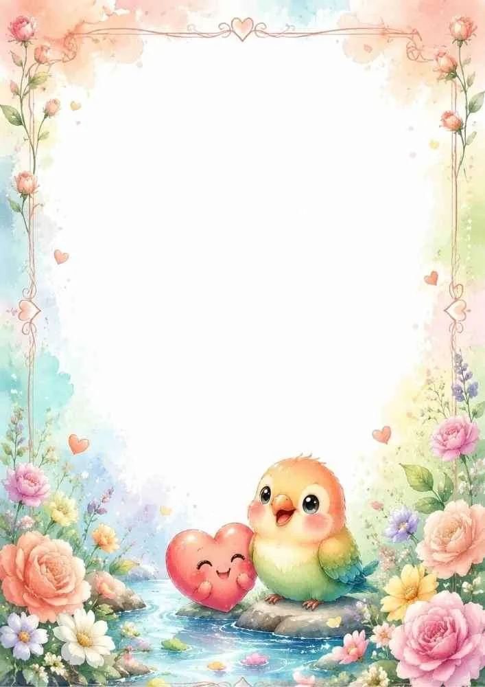 Bird and smiling heart near flowers and water with a blank center.