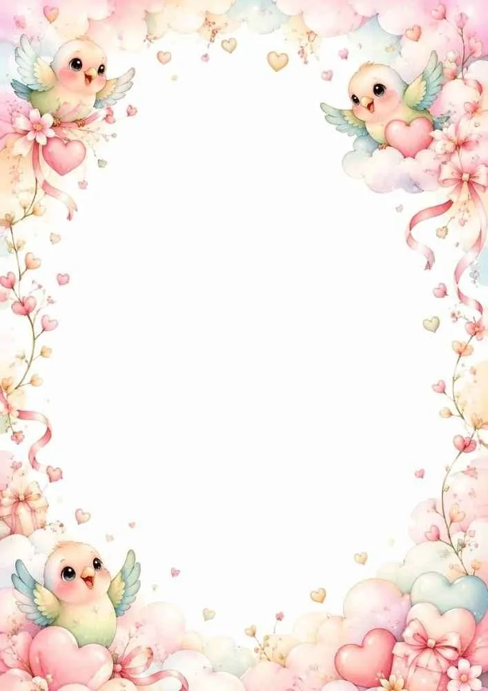 Three birds with hearts, flowers, clouds, and a blank center.