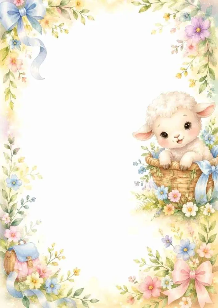 Floral border with a lamb in a basket, bows, flowers, leaves, and a large blank writing space.