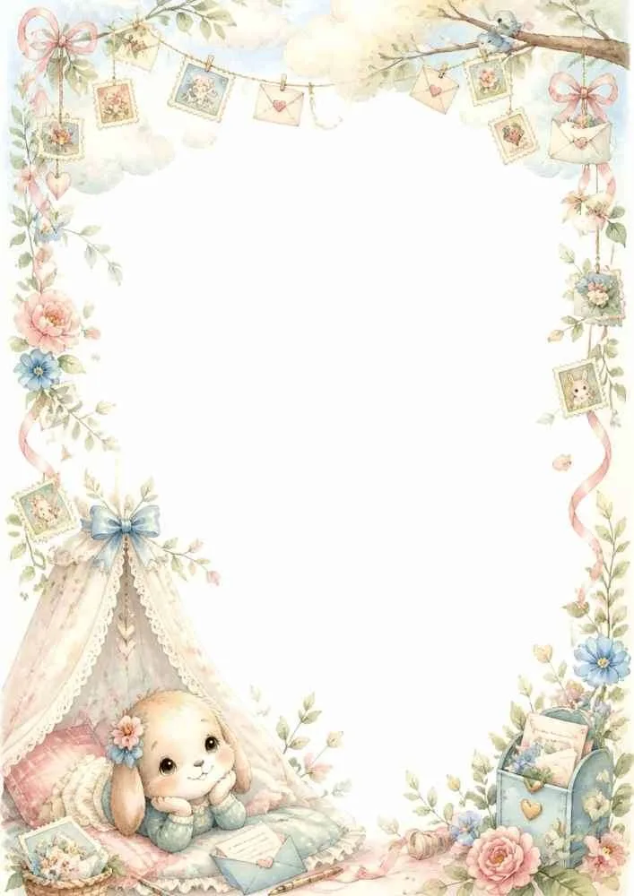 Border with bunny in a tent, envelopes, flowers, ribbons, postcards, and blank center.